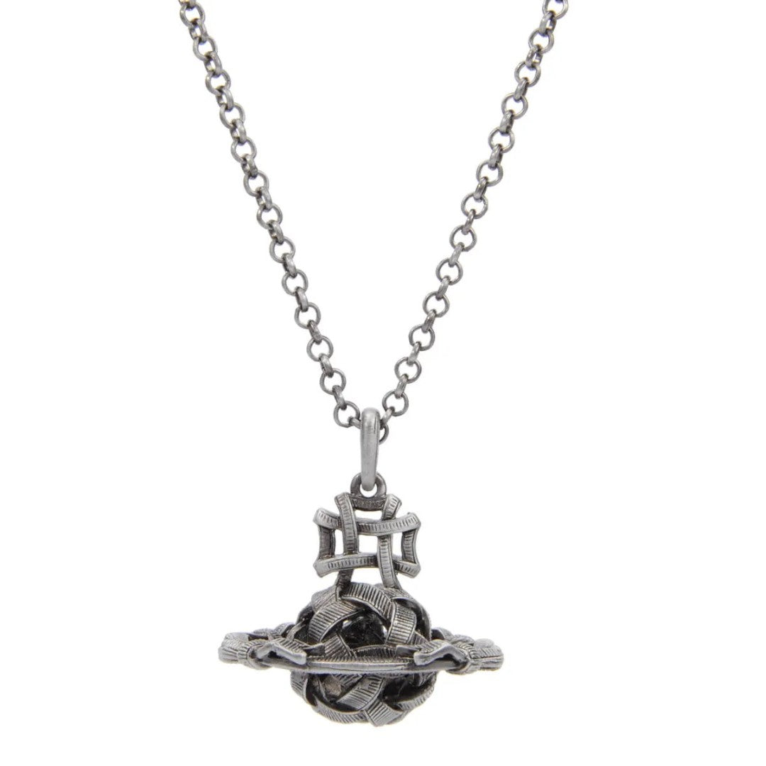 Antique Silver Woven Ball ORB Saturn Necklace
