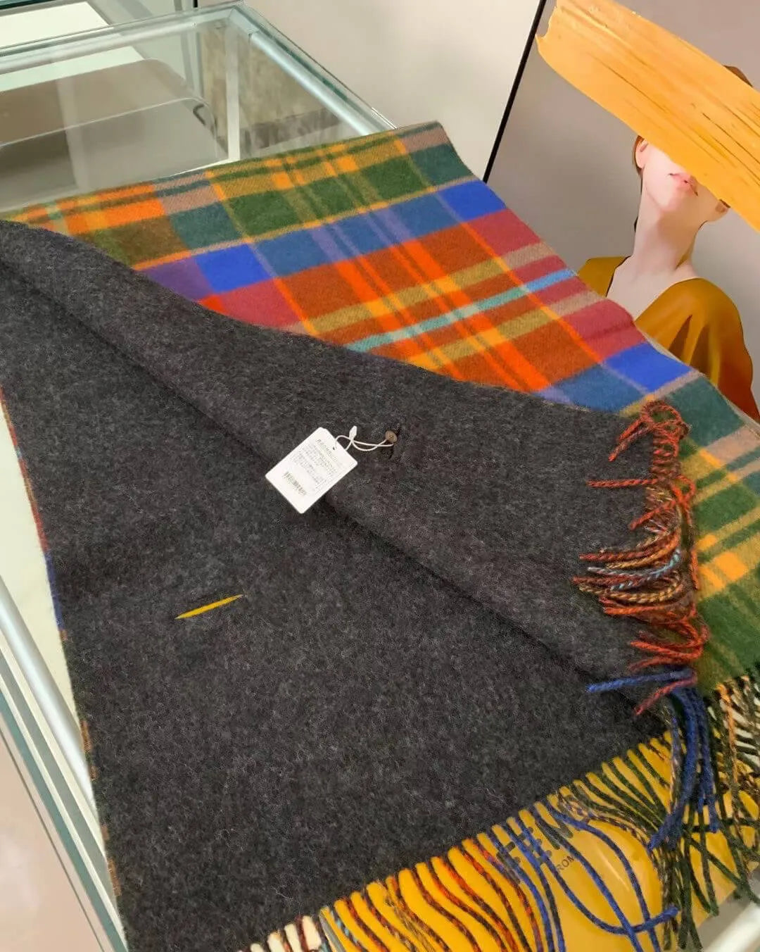 Reversible Plaid Button Poncho Cape