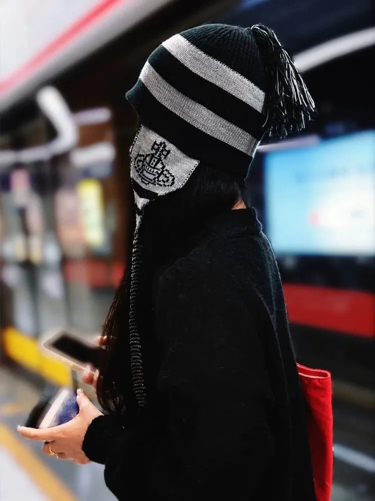 Bold Stripe Knit Tassel Beanie