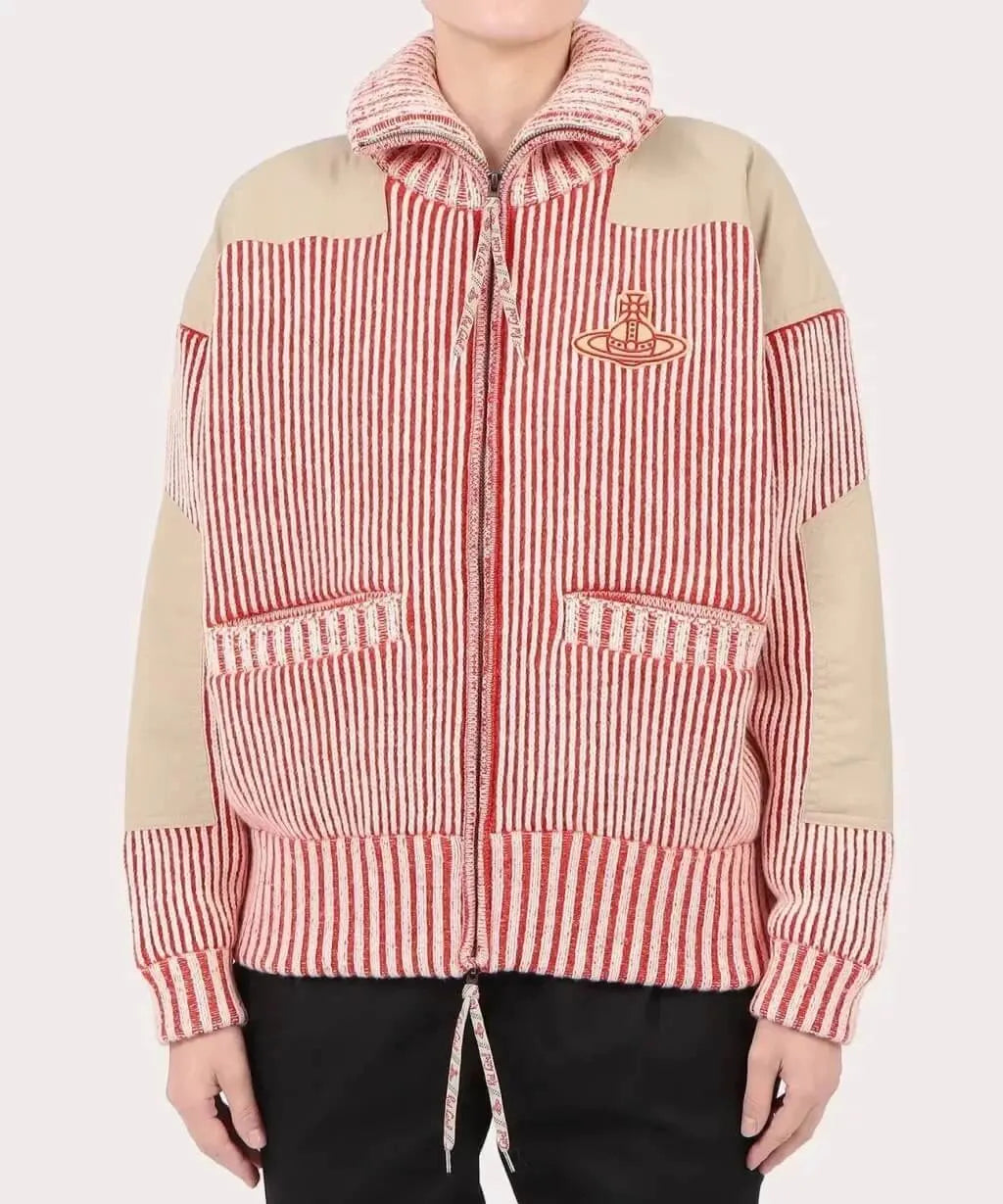 Striped Panel Zip-Up Cord Jacket
