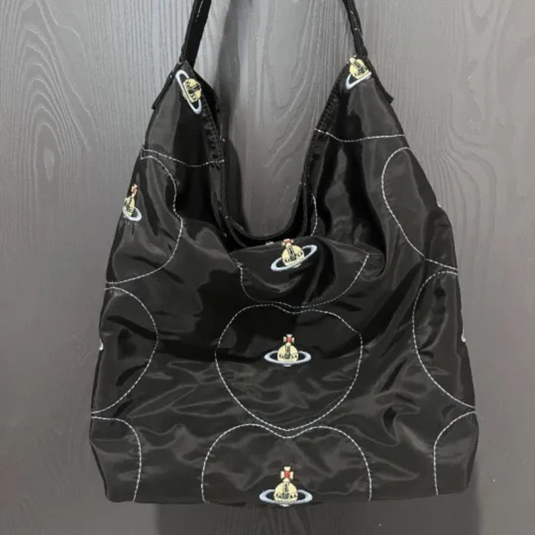 Embroidered Canvas Slouchy Shoulder Bag