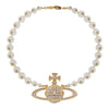 Large One Layer Full Diamond Saturn Pearl Necklace Short