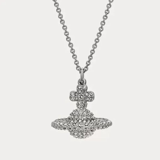 GRACE Luxe Fully Crystal-Paved Saturn Orb Pendant Necklace