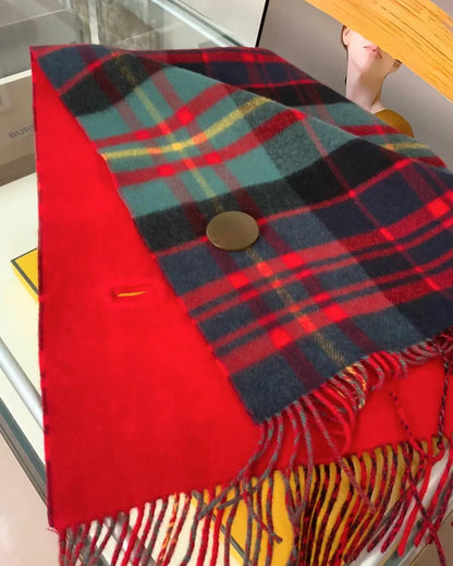 Reversible Plaid Button Poncho Cape