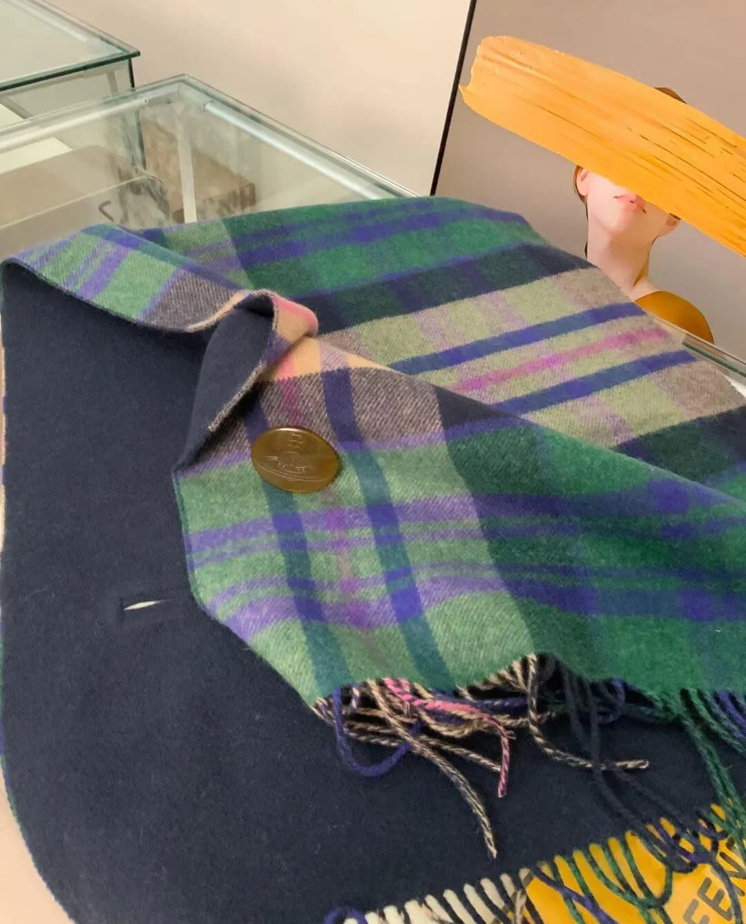 Reversible Plaid Button Poncho Cape