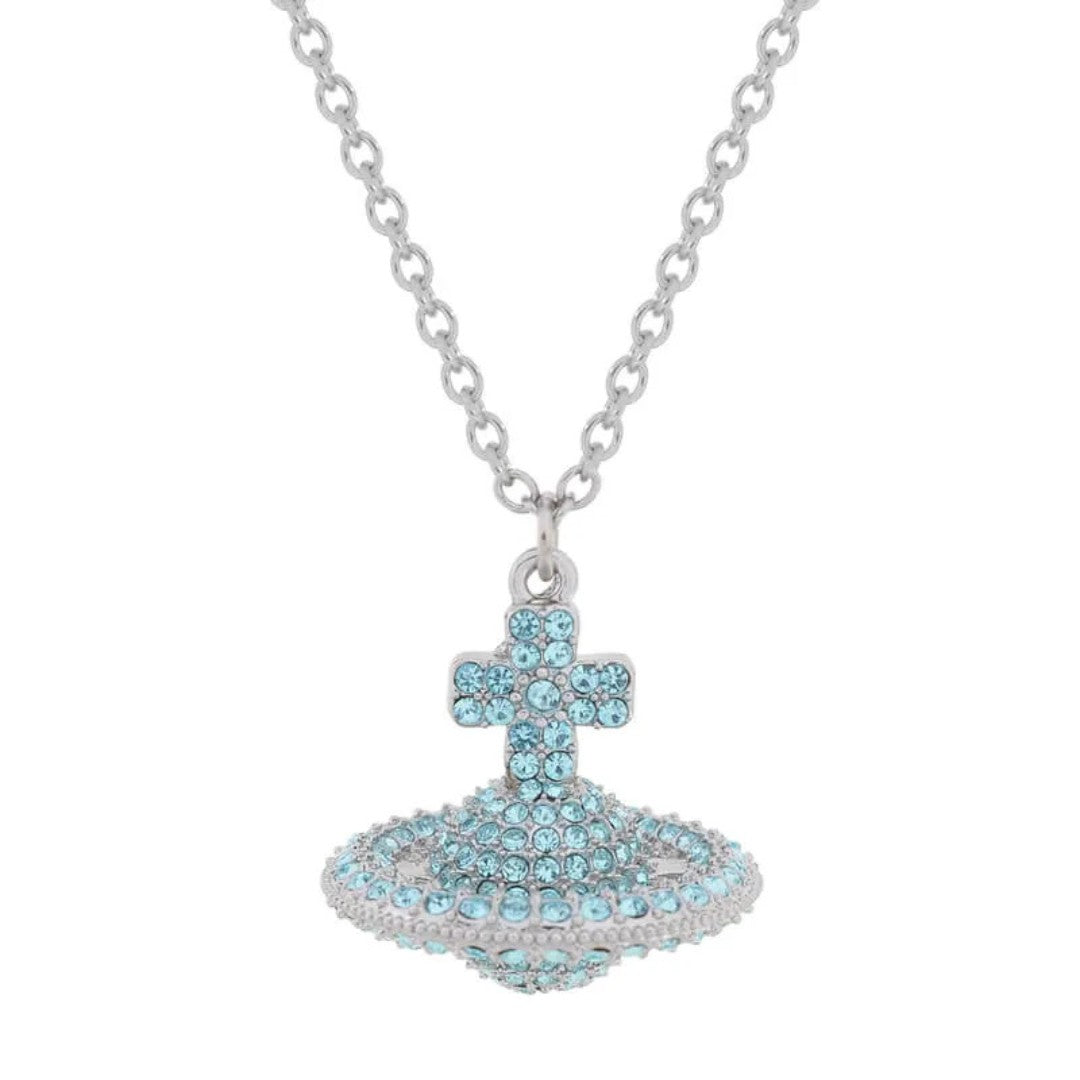 GRACE Luxe Fully Crystal-Paved Saturn Orb Pendant Necklace