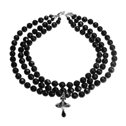 Triple-Layer Pearl Saturn Necklace with Teardrop Charm