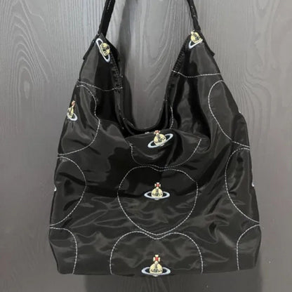 Embroidered Canvas Slouchy Shoulder Bag