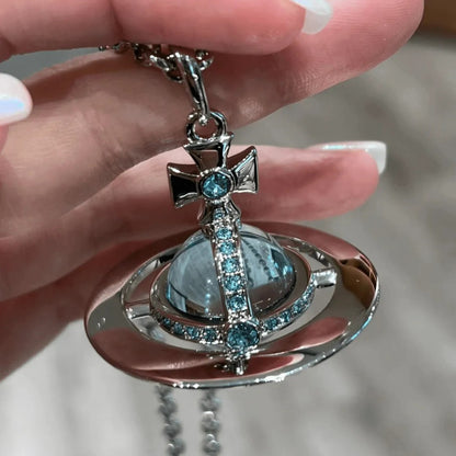 10mm 20mm ORB Classic Saturn Pendant Necklace Silver Glacier Blue
