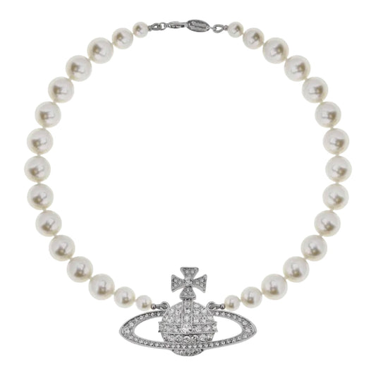 Large One Layer Full Diamond Saturn Pearl Necklace Short