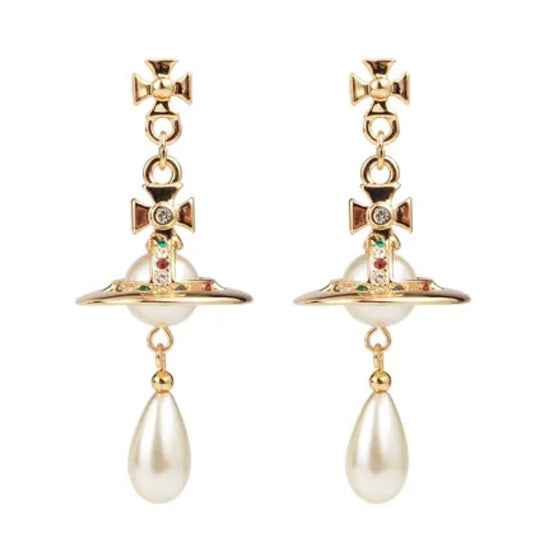 Gold Orb Pearl Drop Earrings (with box)