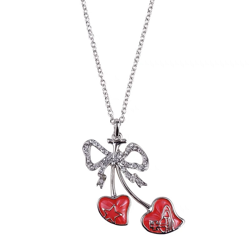 Red Double heart bow necklace (with box)