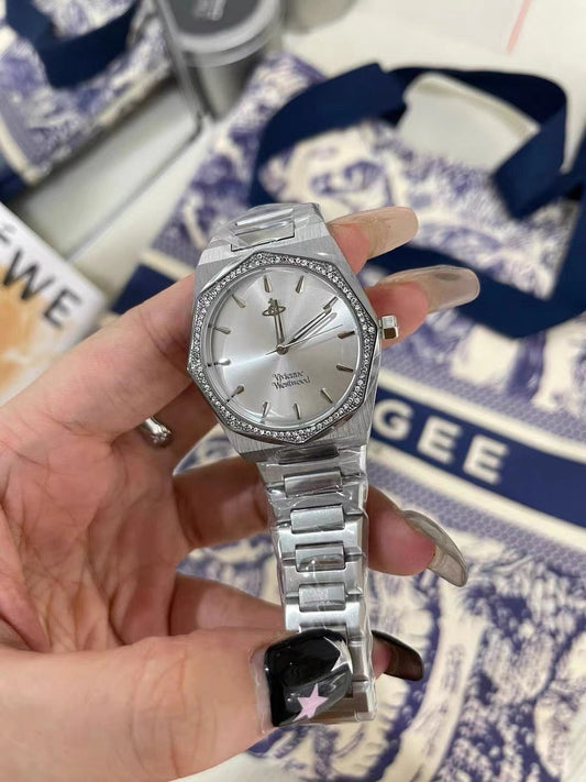 Silver watch with white face (with box)